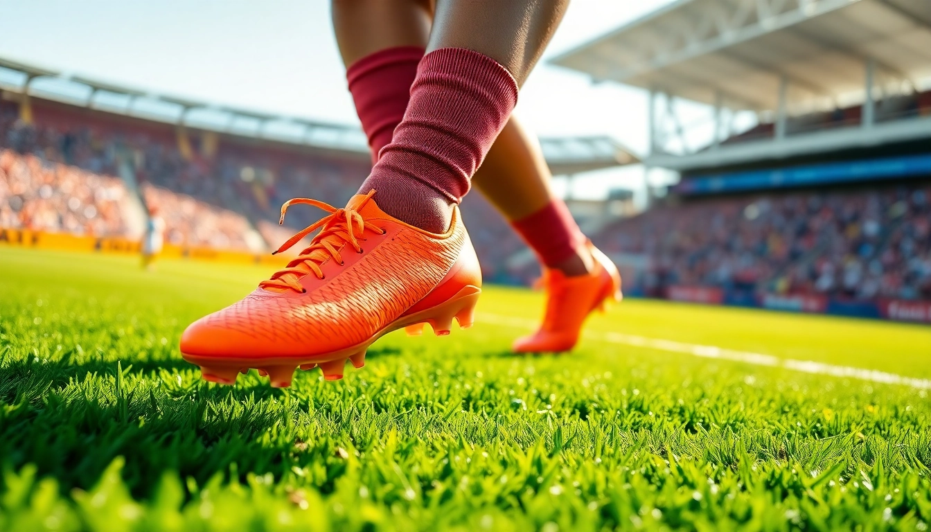 Jugador de fútbol con cleats predator naranjas en el campo deportivo, mostrando destreza y energía.