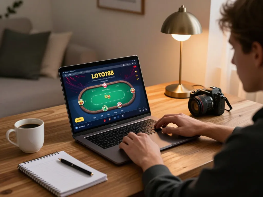 Gaming online at LOTO188 SO with cozy setup, laptop displaying poker strategy.
