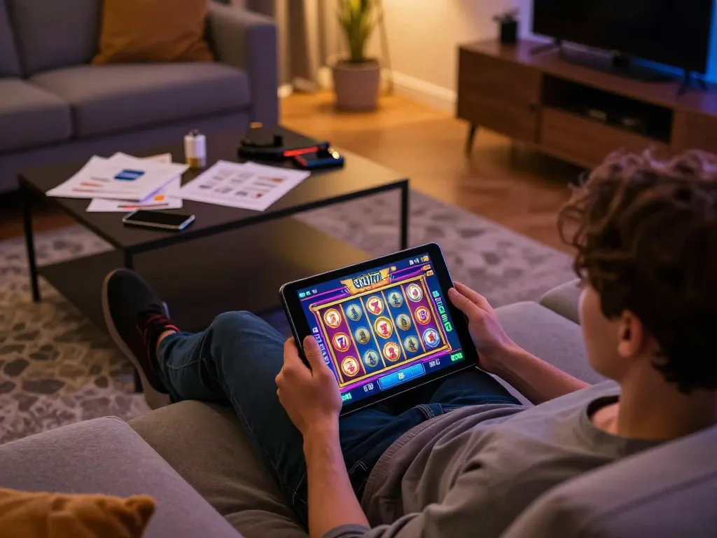 Engaging in slot77 gaming on a tablet in a cozy home setting with colorful casino graphics displayed.