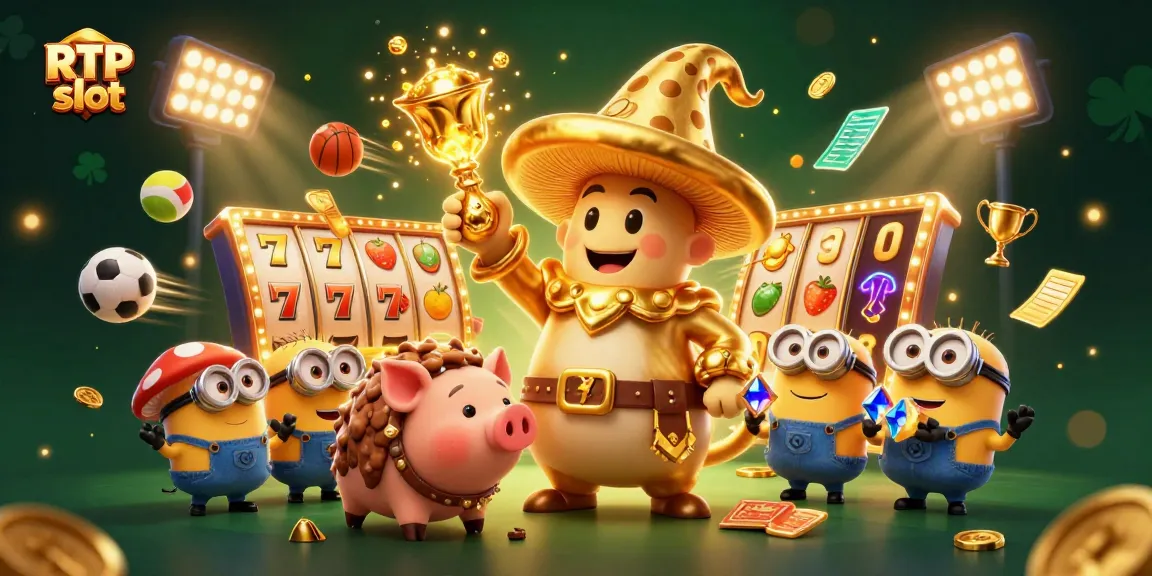 Engage with RTP slot magic in a dynamic 3D illustration featuring whimsical casino elements.
