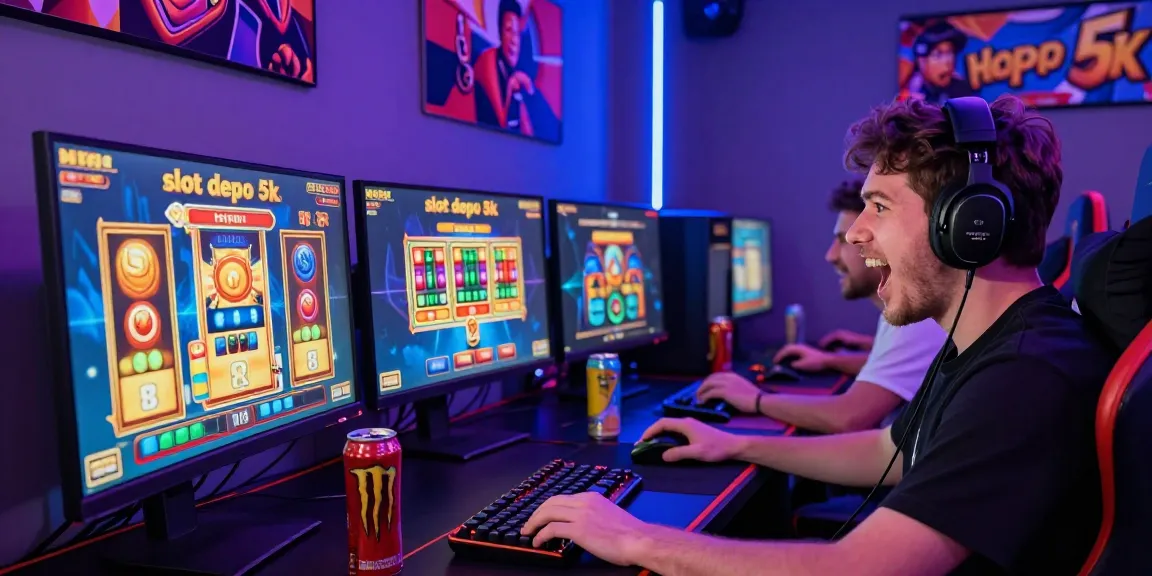 Excited player engaging in slot depo 5k game online, surrounded by colorful monitors and gaming accessories.