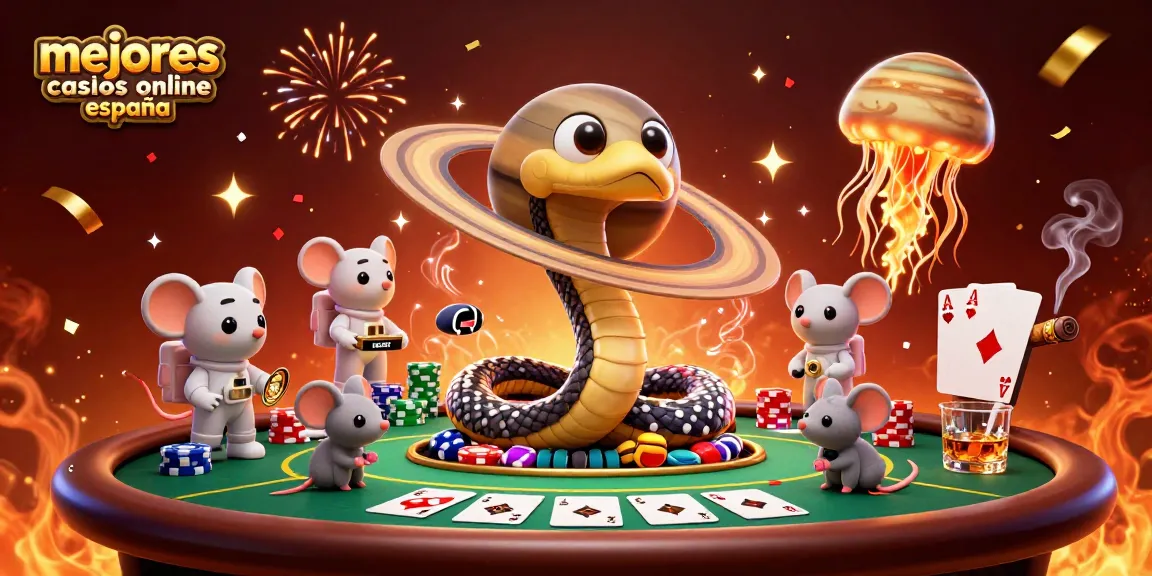 Ilustración de los mejores casinos online en España donde una serpiente de Saturno juega a la ruleta con ratones astronautas.