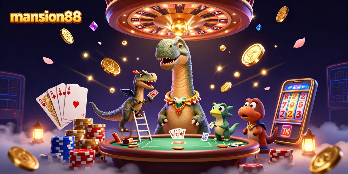 Experience the thrill of gambling with mansion88 as a cartoon brontosaurus peers over poker action.