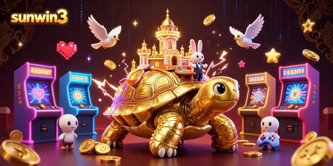 Exciting gameplay at sunwin3 featuring a giant golden tortoise casino, rabbit dealer, and flying coins.