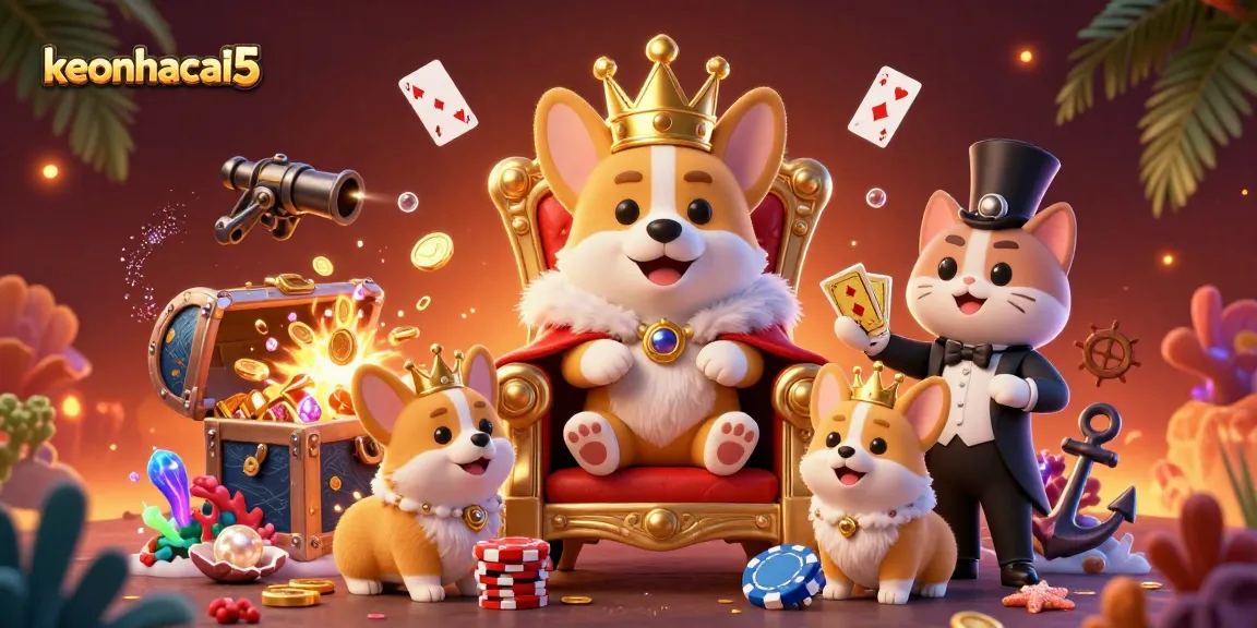 Engage with keonhacai5's vibrant casino scene featuring royal corgi royalty and dynamic game elements.
