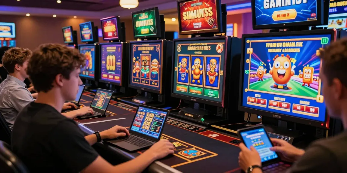 Players enjoying games at credit card deposit casinos on laptops and tablets in a vibrant online casino environment.