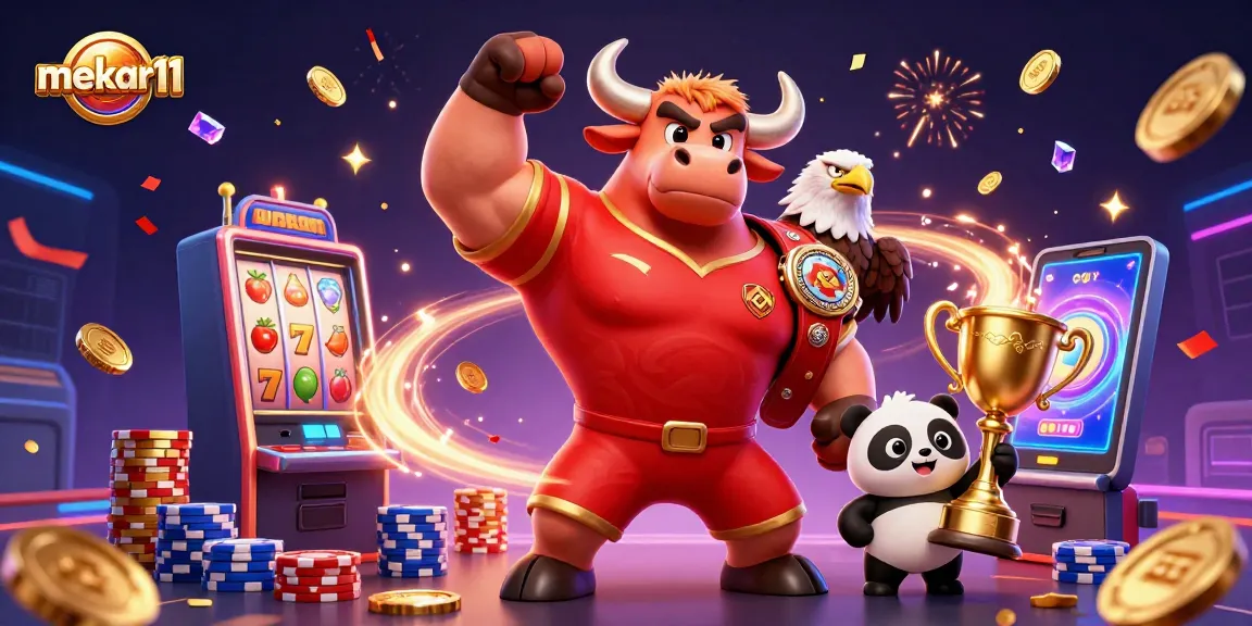Experience the excitement of mekar11 with a lively casino scene featuring characters, slot machines, and glorious winnings.
