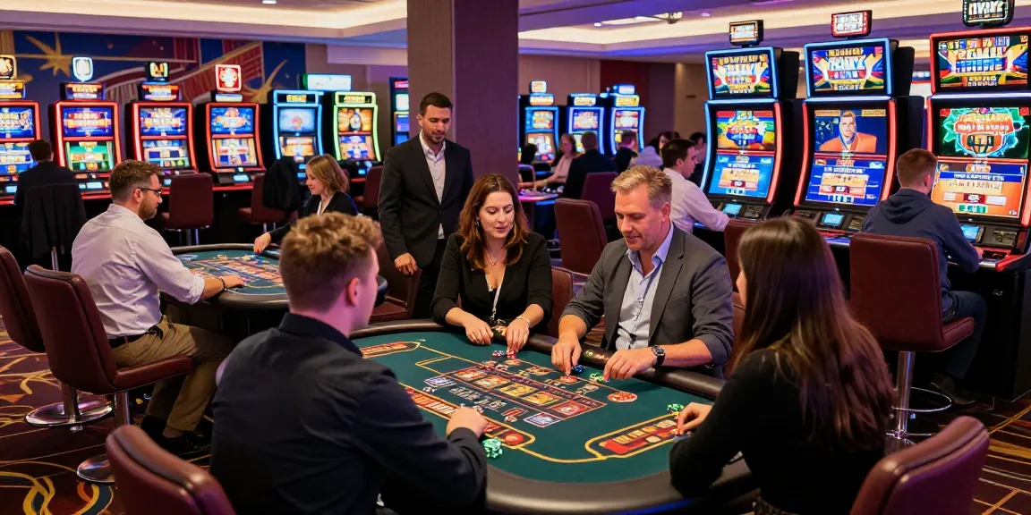 Exciting atmosphere at credit card casinos UK, showcasing vibrant gaming with players at tables