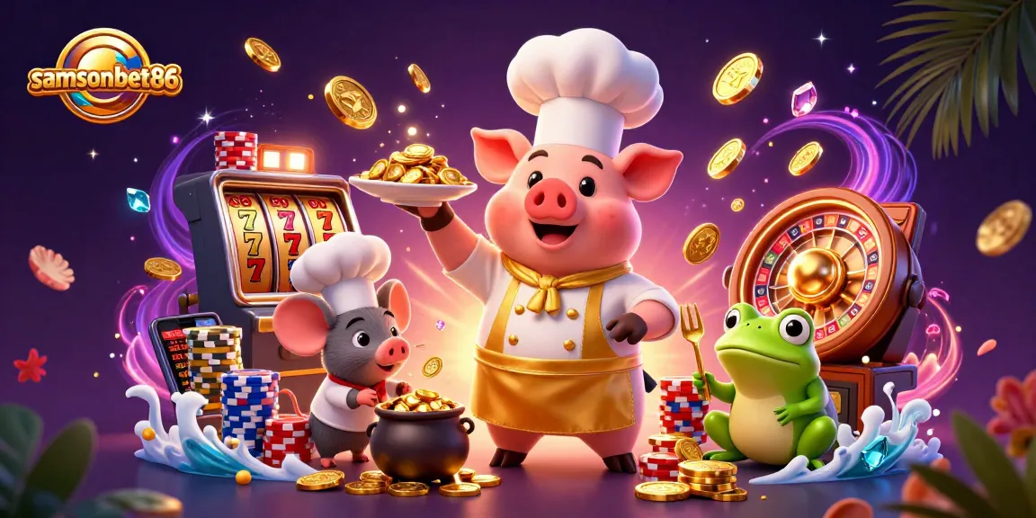 Engage in a lively gambling scene with samsonbet86 featuring a chef pig serving gold coins amidst slot machines and vibrant casino elements.