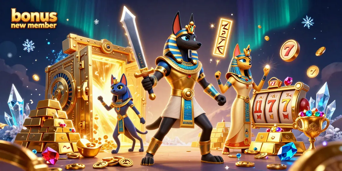 Engaging scene with Anubis and Bastet, showcasing the bonus new member excitement in a rich casino setting.