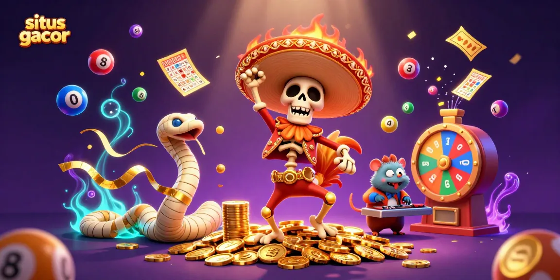 Engage with situs gacor through a vibrant 3D casino illustration highlighting lottery themes and lively characters.