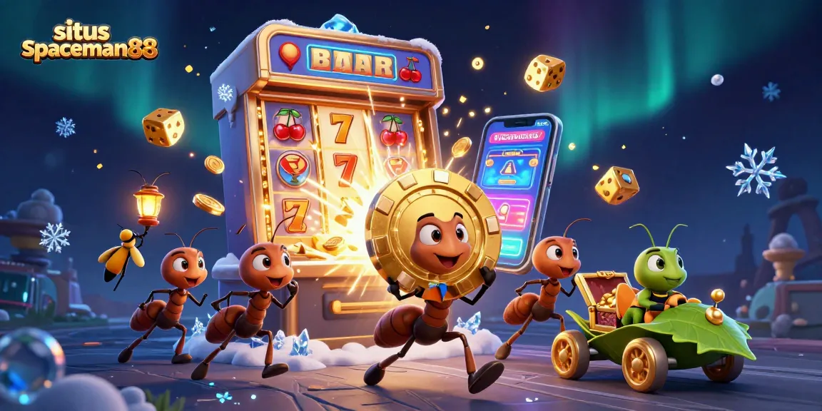 Experience excitement at situs spaceman88 with a vibrant illustration of ants on a casino heist.